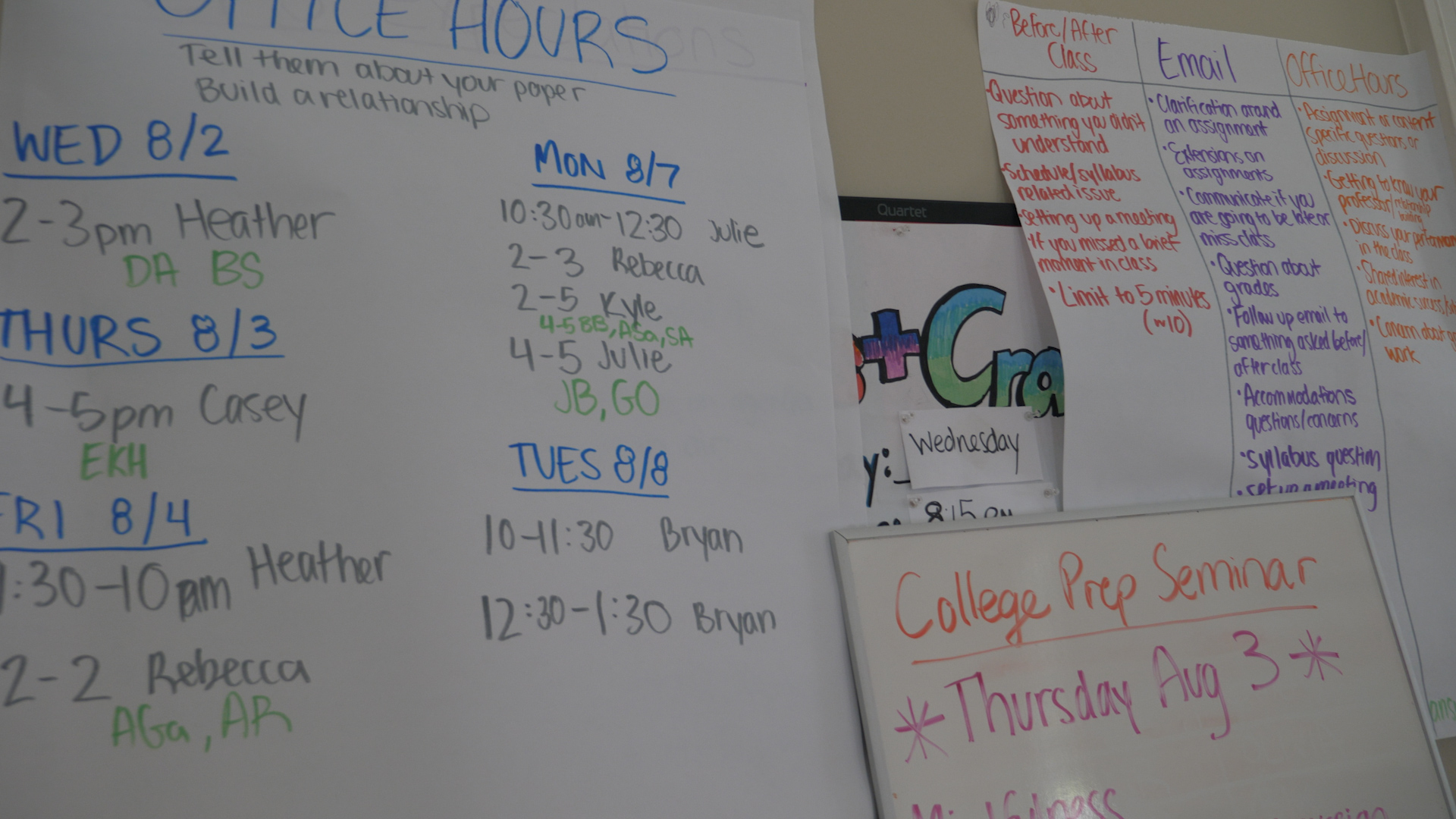 three people sitting in front of table laughing together