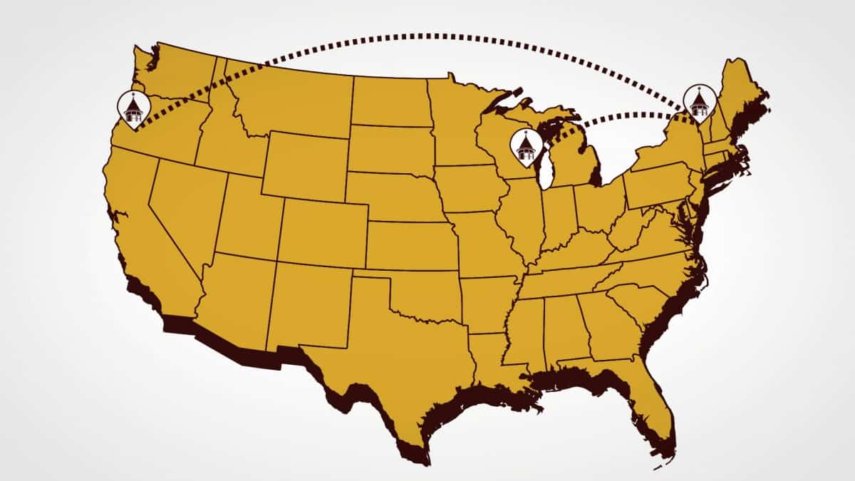Map of Mansfield Hall locations in Eugene, OR, Madison, WI, and Burlington, VT