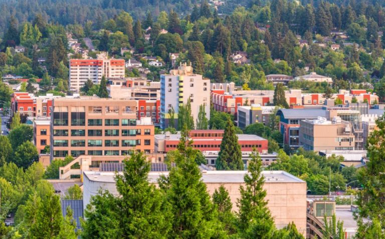 aerial view of a college campus with trees around it